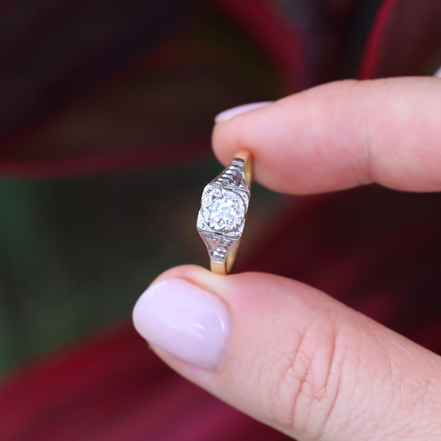 1930s Art Deco Inspired Platinum and 18ct Gold Solitaire Ring, size N or almost 6.75