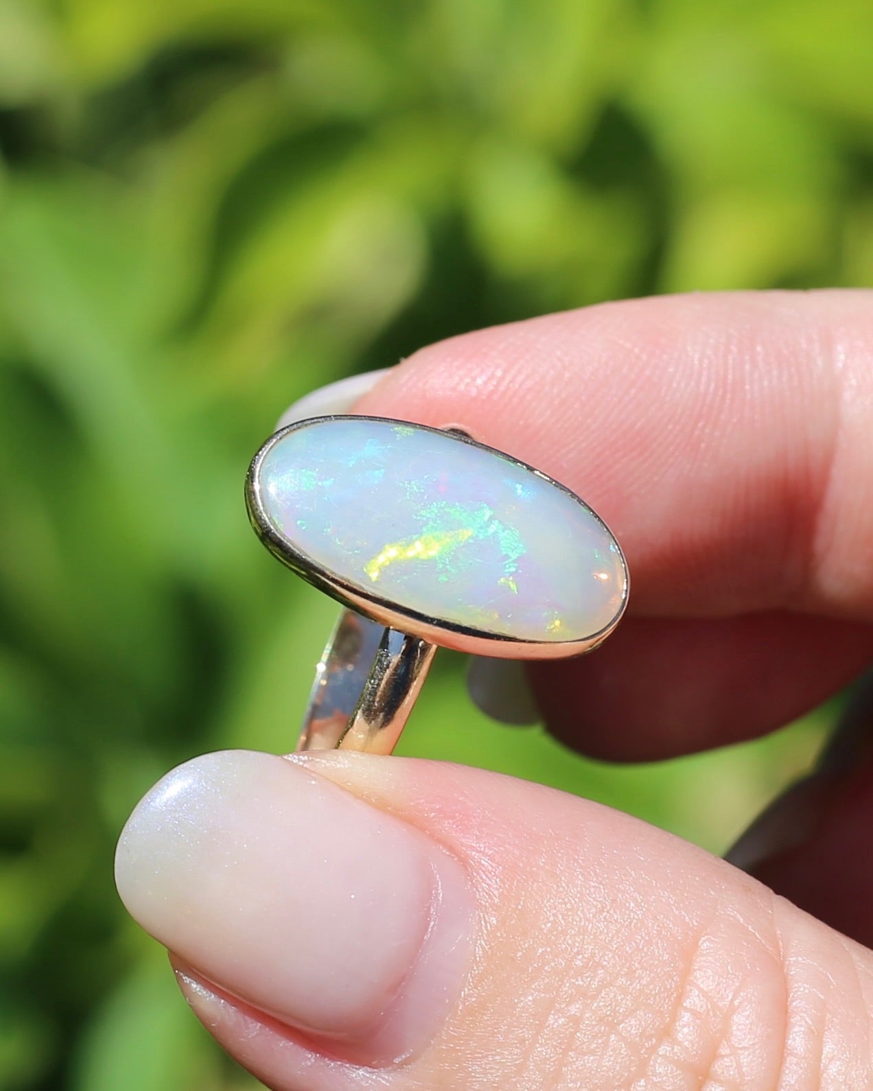 Crystal Opal Cabochon, Low Profile, in Bezel Set 9ct Yellow Gold, size T1/2 or 9.75