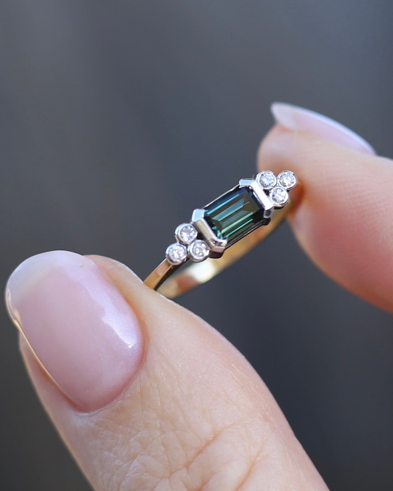 Vintage East West Set Natural Sapphire and Diamond Ring, 18ct Yellow and White Gold, size O or 7.25, 3.36g, with valuation
