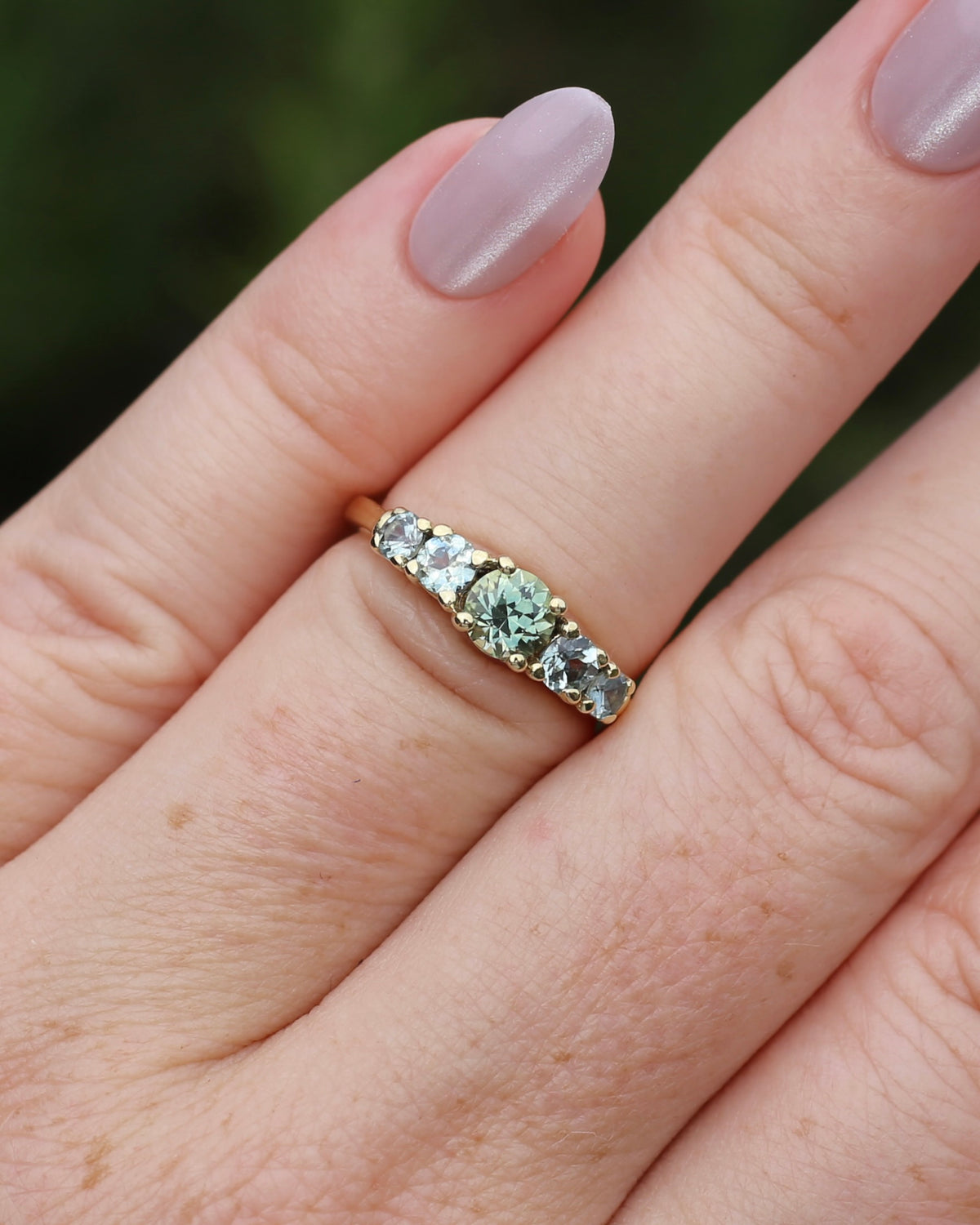 1.35ct Blue Green Natural Five Stone Sapphire Ring, 9ct Yellow Gold, size 6.5 or just over M1/2, 2.91g