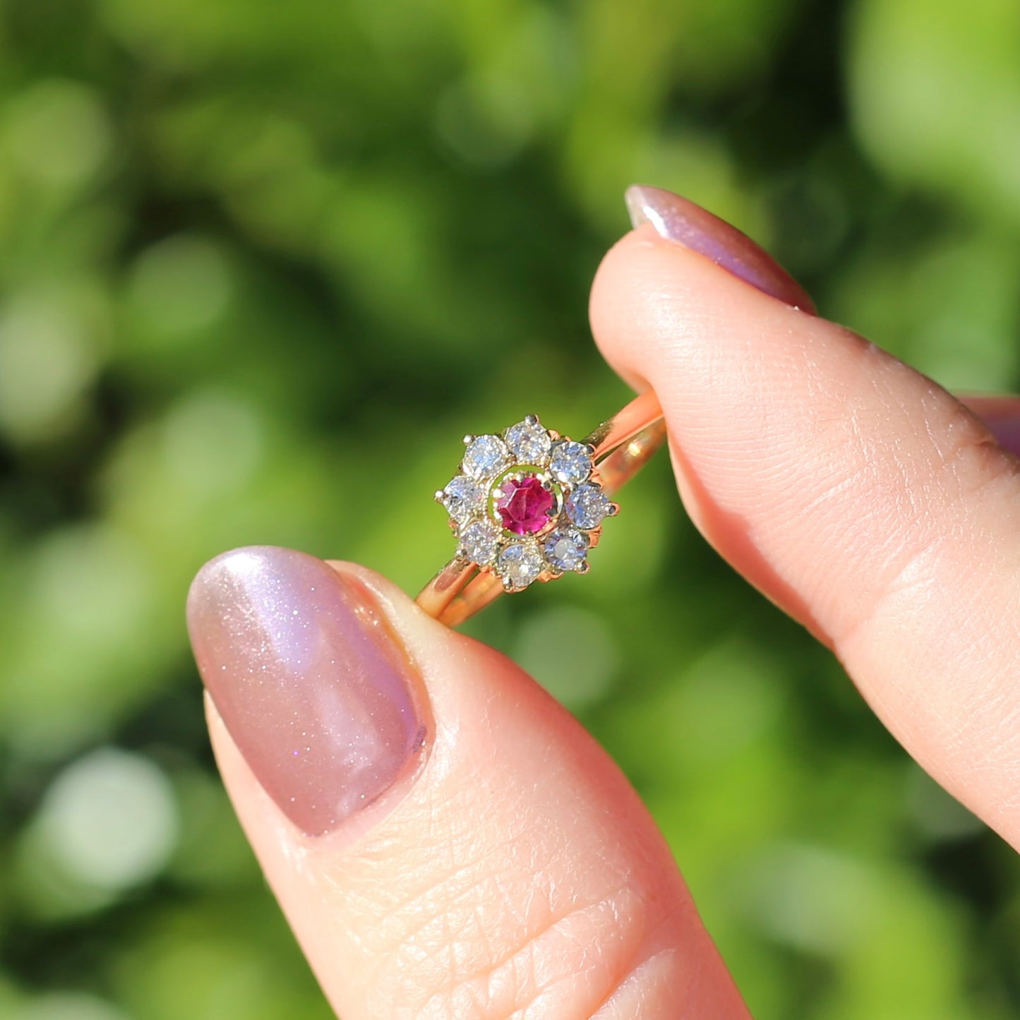 Antique Ruby and Old Cut Diamond Cluster, 15ct Yellow Gold, size O or 7.25 with valuation