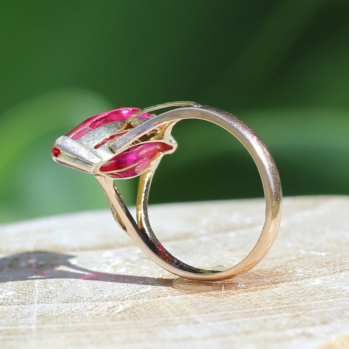 Mid Century Russian Synthetic Ruby Ring, 14ct Rosey Gold, size L1/2 or 6