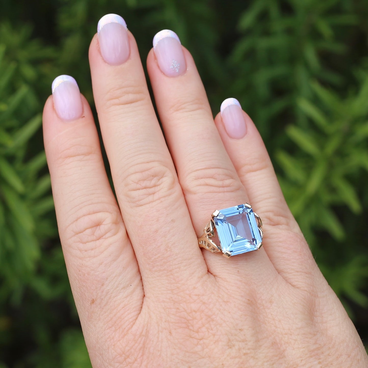 Mid Century Emerald Cut Blue Spinel Cocktail Ring, size N1/2 or 6.75