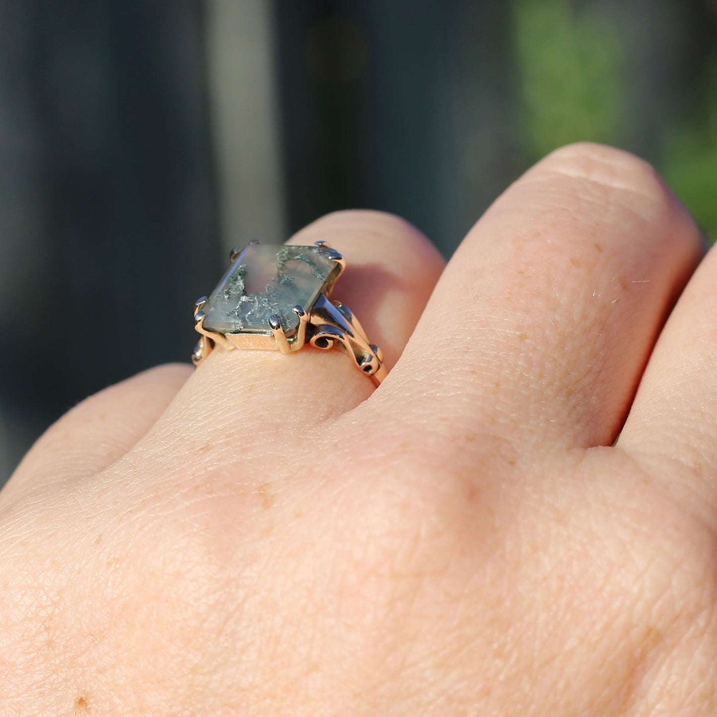 4.95ct Emerald Cut Moss Agate Ring with Fabulous Double Claws, 9ct Older Rosey Gold, size N1/2 or 6.75