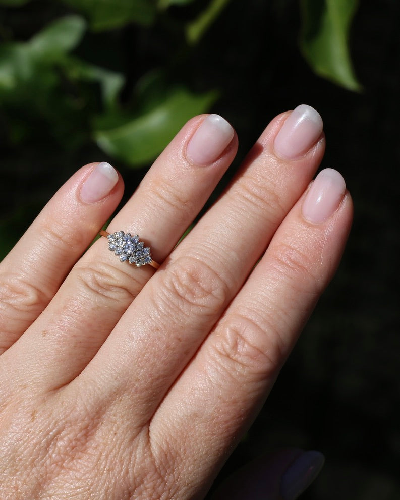 1991 London Made Diamond Cluster Ring, 9ct Yellow and White Gold, size J or 4.75, 2.2g