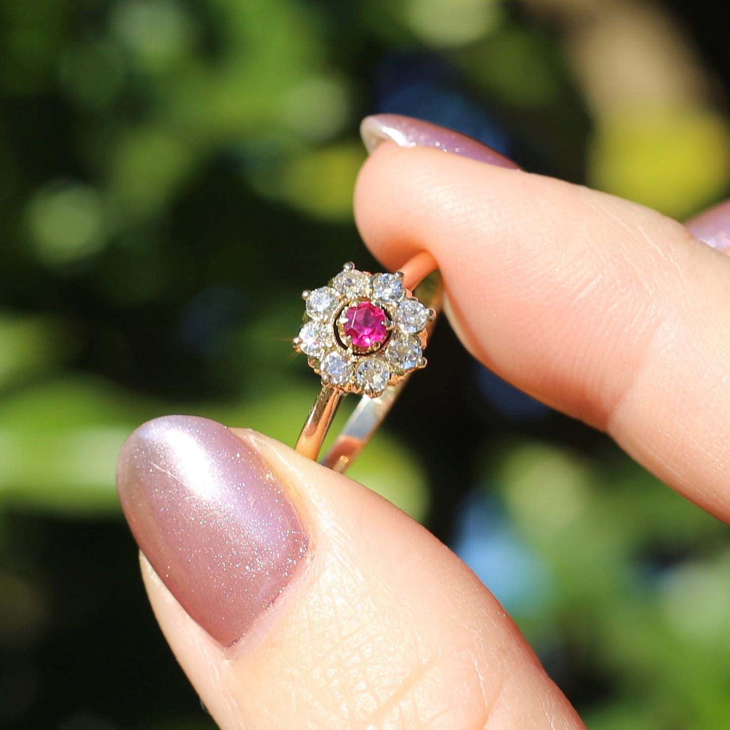 Antique Ruby and Old Cut Diamond Cluster, 15ct Yellow Gold, size O or 7.25 with valuation