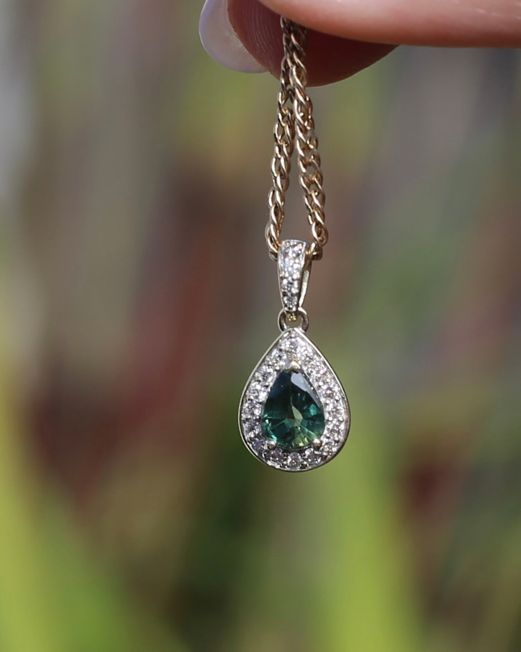 0.75ct Natural Green Parti and Natural Diamond Halo Pendant, 9ct Yellow Gold, 0.86g