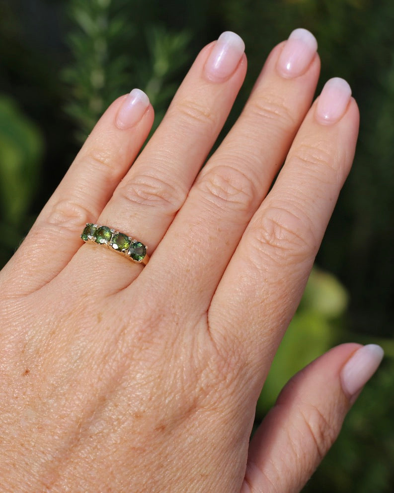 1.75ct Four Stone Natural Green Tourmaline Ring, 9ct Yellow Gold, size N1/2 or just over 6.75, 2.37g