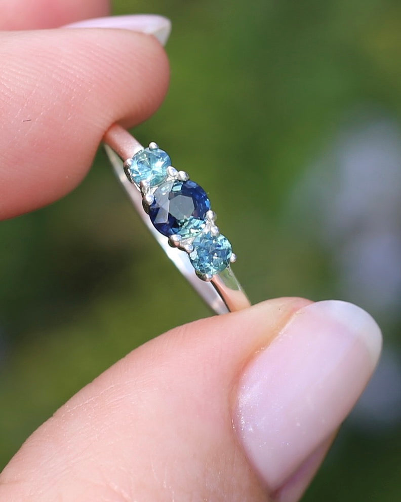 0.85ct Natural Parti Sapphire Trilogy Ring, Sterling Silver, size Q or 8.25, 1.98g