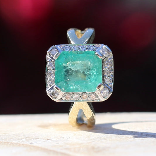 Ocatagonal Step Cut 3.08ct Emerald and Diamond Halo, 9ct White and Yellow Gold, size N1/2 or 7 with valuation