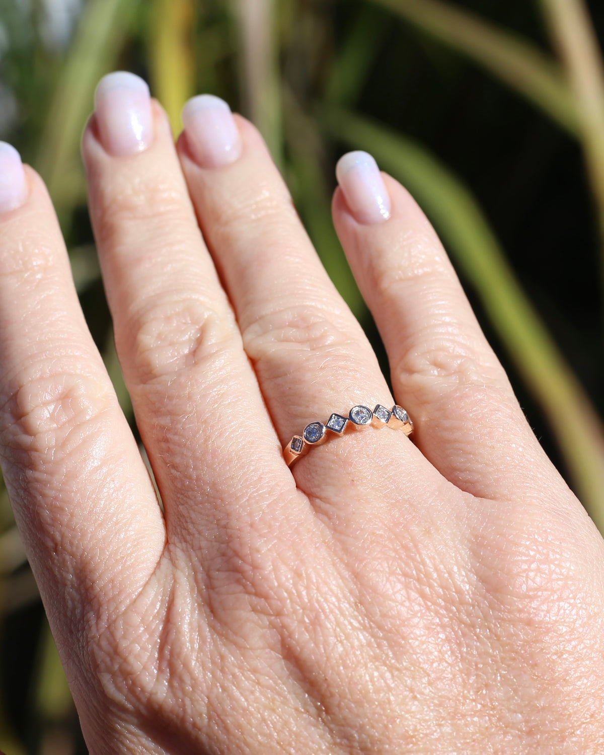 0.25ct 7 Stone Natural Diamond Bezel Set Round and Geometric Rose Gold Stacker, 10ct Rose Gold, size O or 7.25