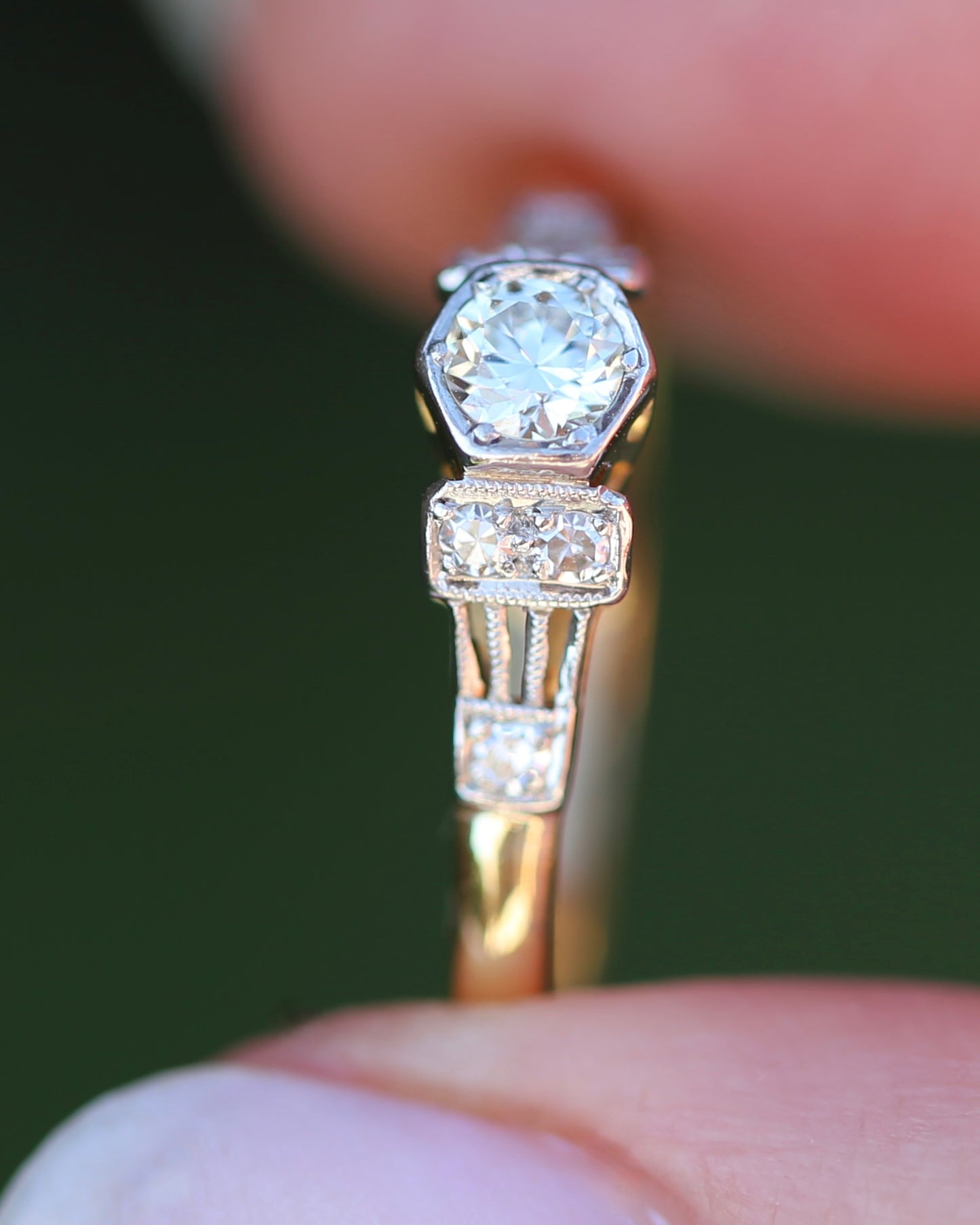 Hexagonal Grain Semi Modern Cut Diamond and Single Cut Diamond Shoulders Ring, 18ct White and Yellow Gold, size P1/2 or 8, 2.58g, with valuation