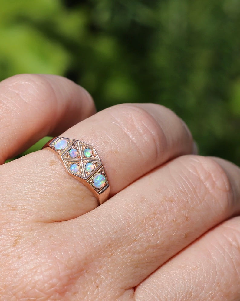 Outstanding Opals in Birmingham Made Rose Gold Shield Faced Ring, 9ct Rose Gold, size Q or 8.25, 2.57g