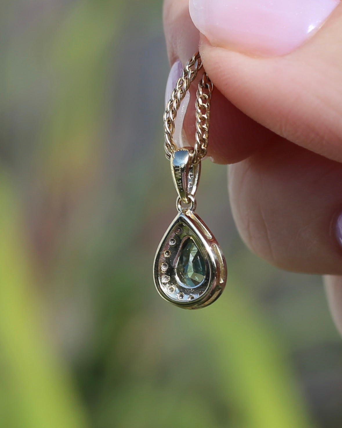 0.75ct Natural Green Parti and Natural Diamond Halo Pendant, 9ct Yellow Gold, 0.86g