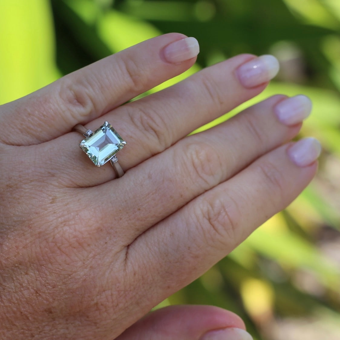 Emerald Cut Prasiolite and Diamond Ring, 9ct White Gold, size P or 7.75