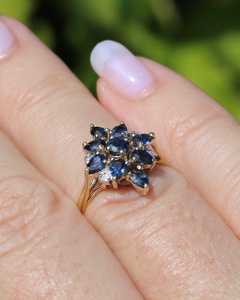 Vintage Blue Sapphire and Diamond Cluster Ring, 9ct Yellow Gold, size N or 6.75, 2.34g