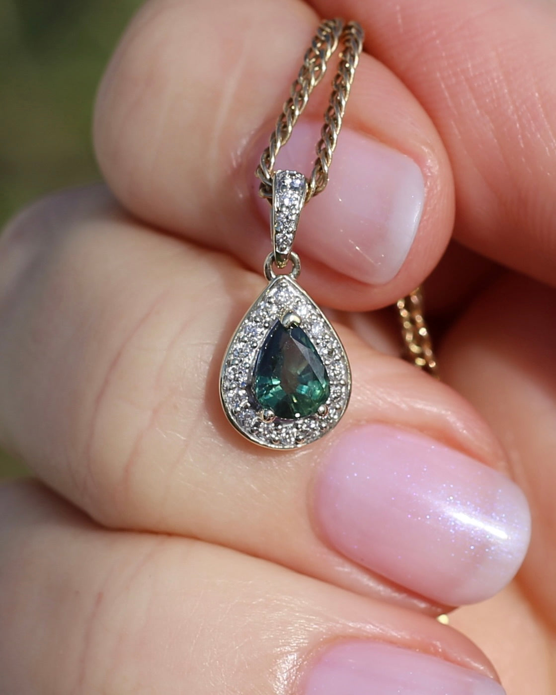 0.75ct Natural Green Parti and Natural Diamond Halo Pendant, 9ct Yellow Gold, 0.86g