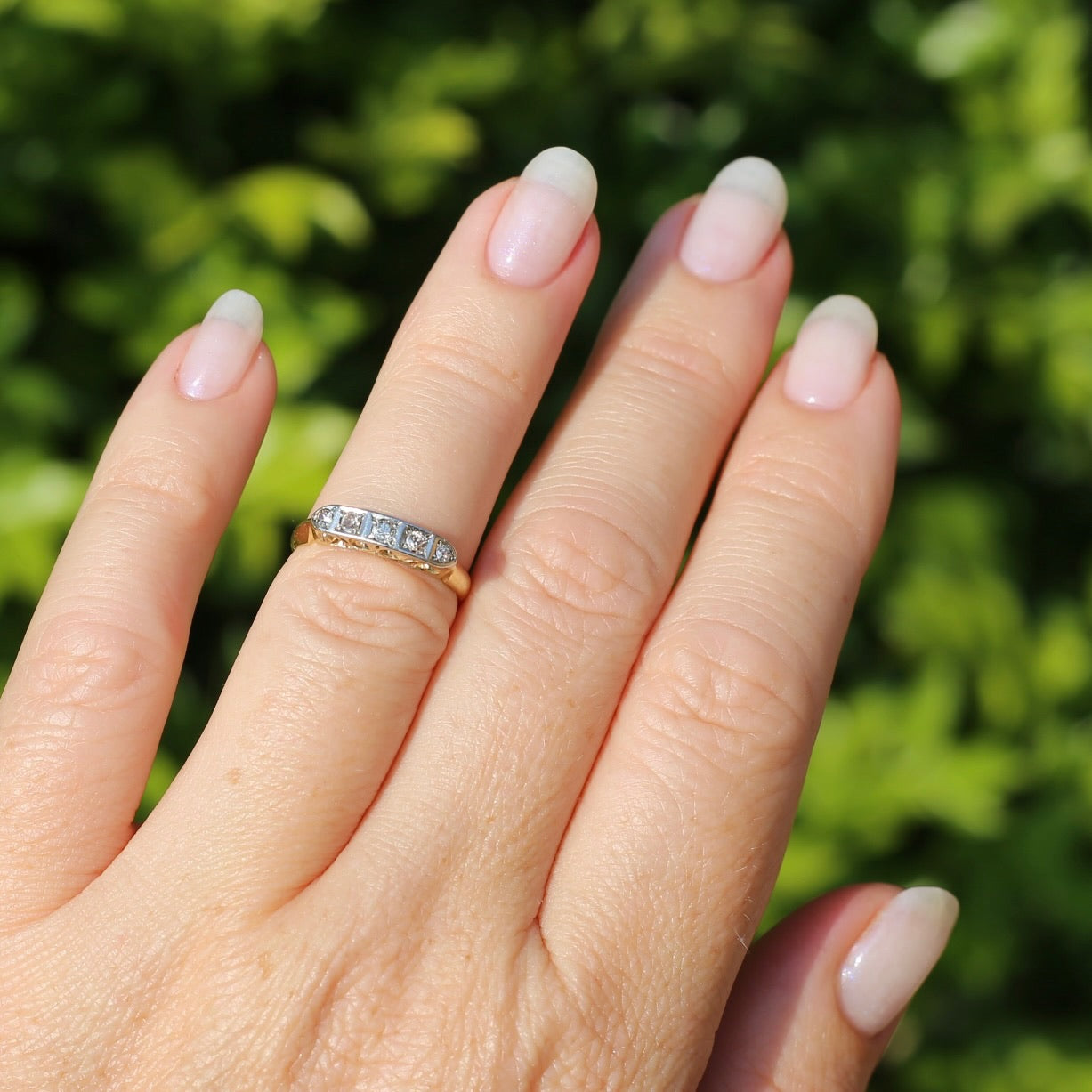 1930s Old Cut 5 Stone Diamond Ring, Platinum and 18ct Yellow Gold, size L or 5.75