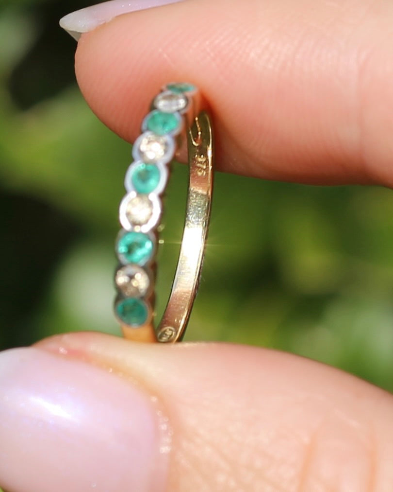 Natural Emerald and Diamond Half Hoop, 9ct Yellow and White Gold, size O or 7.25, 1.76g