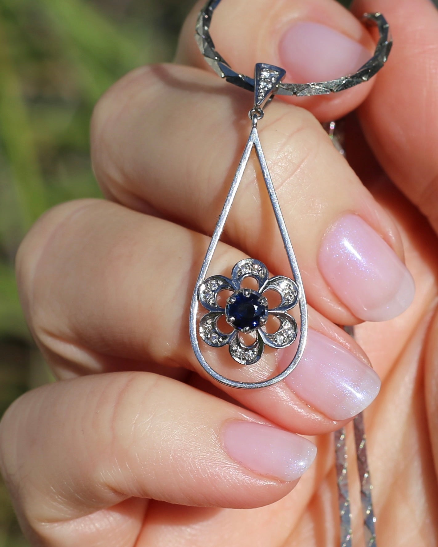 Vintage Natural Sapphire and Diamond Pendant, 18ct White Gold, 2.64g