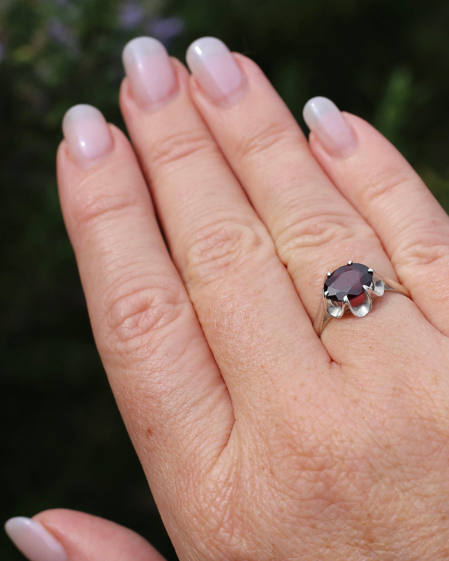 On HOLD Vintique Rhodolite Garnet Belcher Ring, Sterling Silver, size O1/2 or 7.5, 2.44g