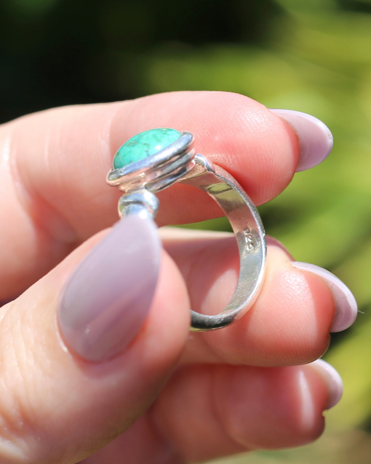 Natural Turquoise Cabochon Bezel Set Ring, Sterling Silver, size Q or just over 8, 7.3g