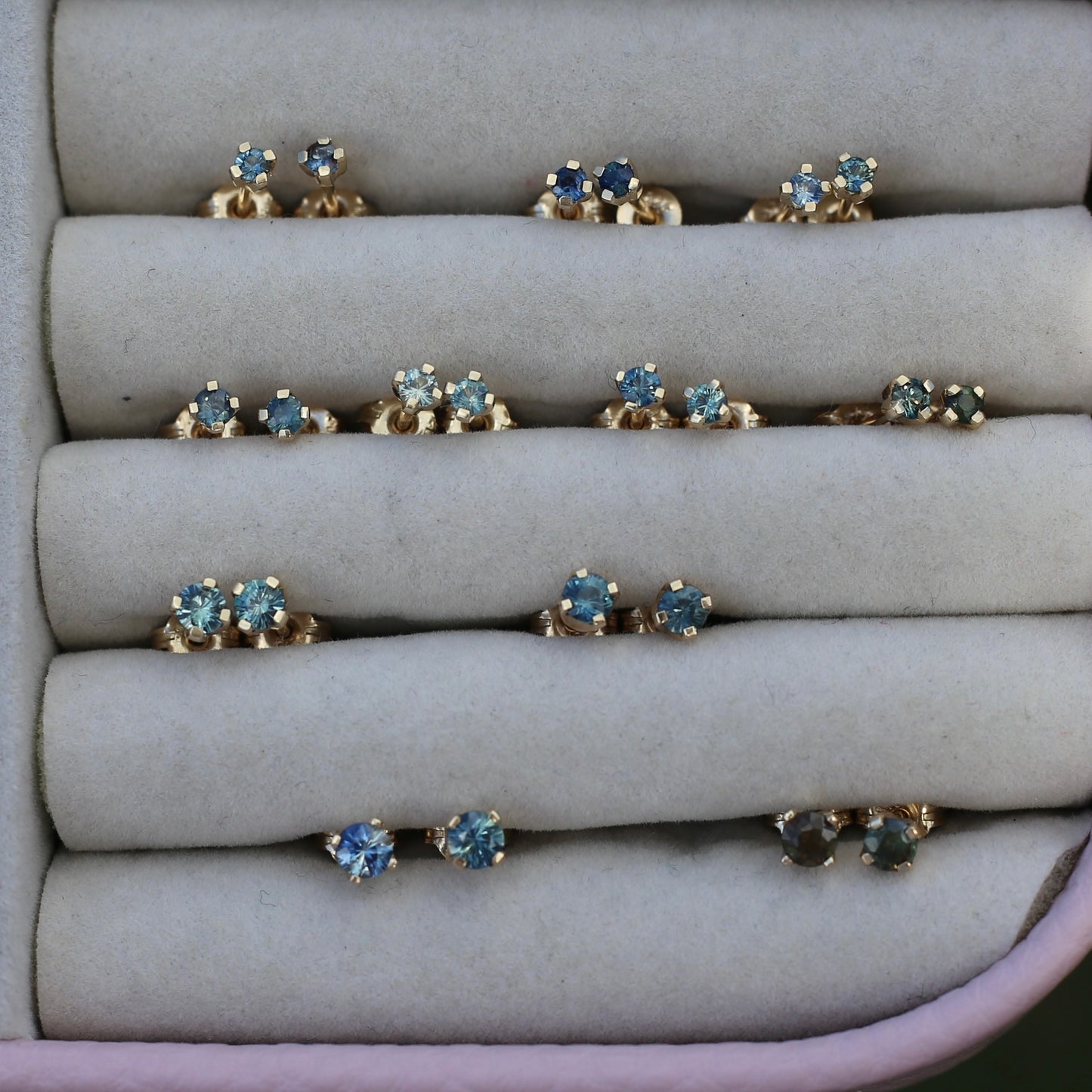 2.4mm Parti Stud Earrings, Icy & Teal Blue, 4 claw 9ct Yellow Gold