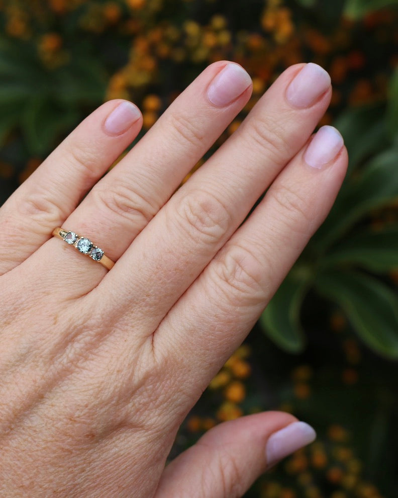 Natural Turquoise-Meets-Sage-Green Parti Trilogy, Claw Set 9ct Yellow Gold, size O1/2 or just over 7.25, 2.16g