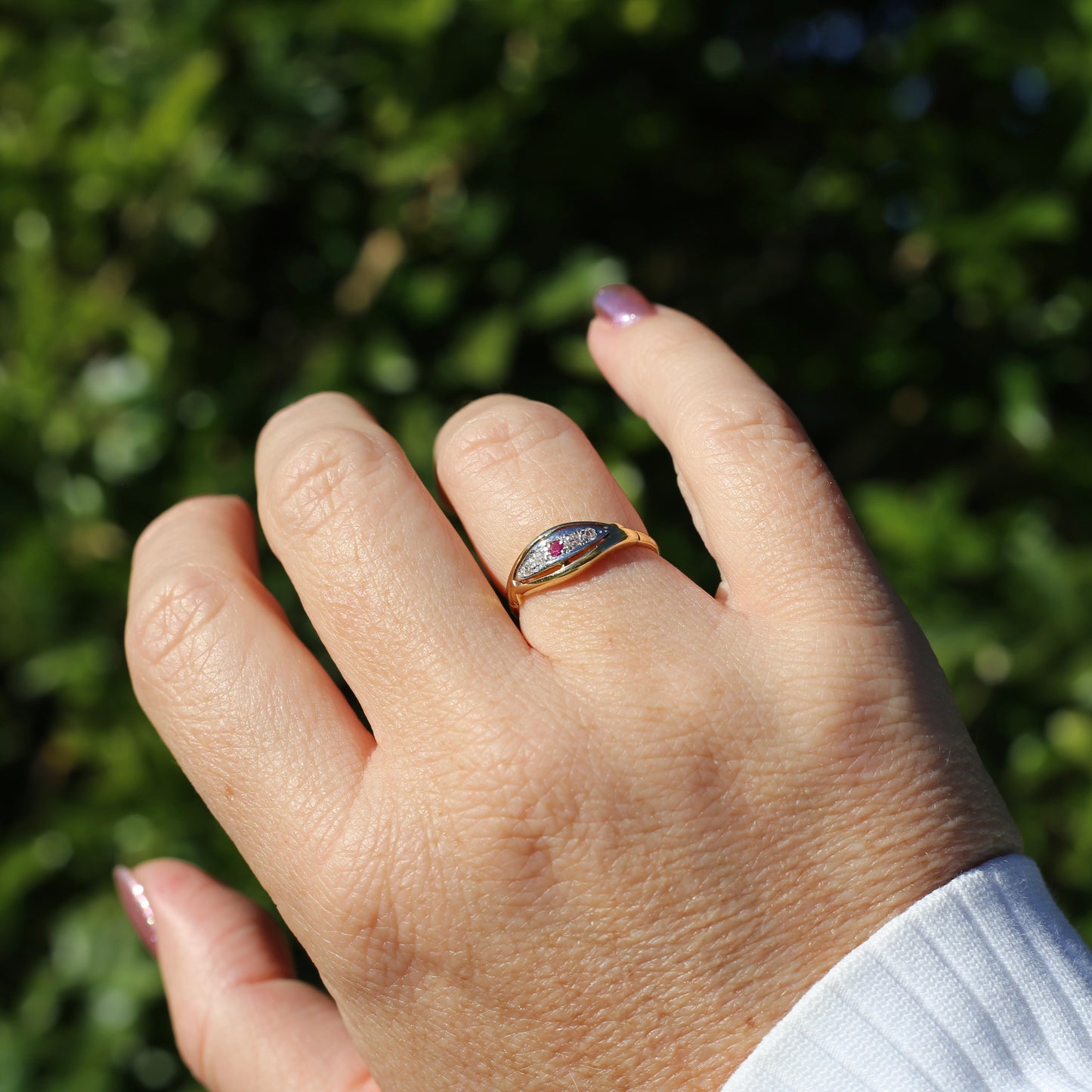 Antique Boat Ring with Four Old Cut Diamonds and an Old Cut Pink Topaz, 18ct Yellow and White Gold, size 7 or N1/2