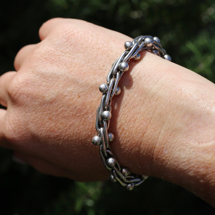 Chunky Silver Bracelet with Overlapping Loops and Dot Ball Detail, 45.3g