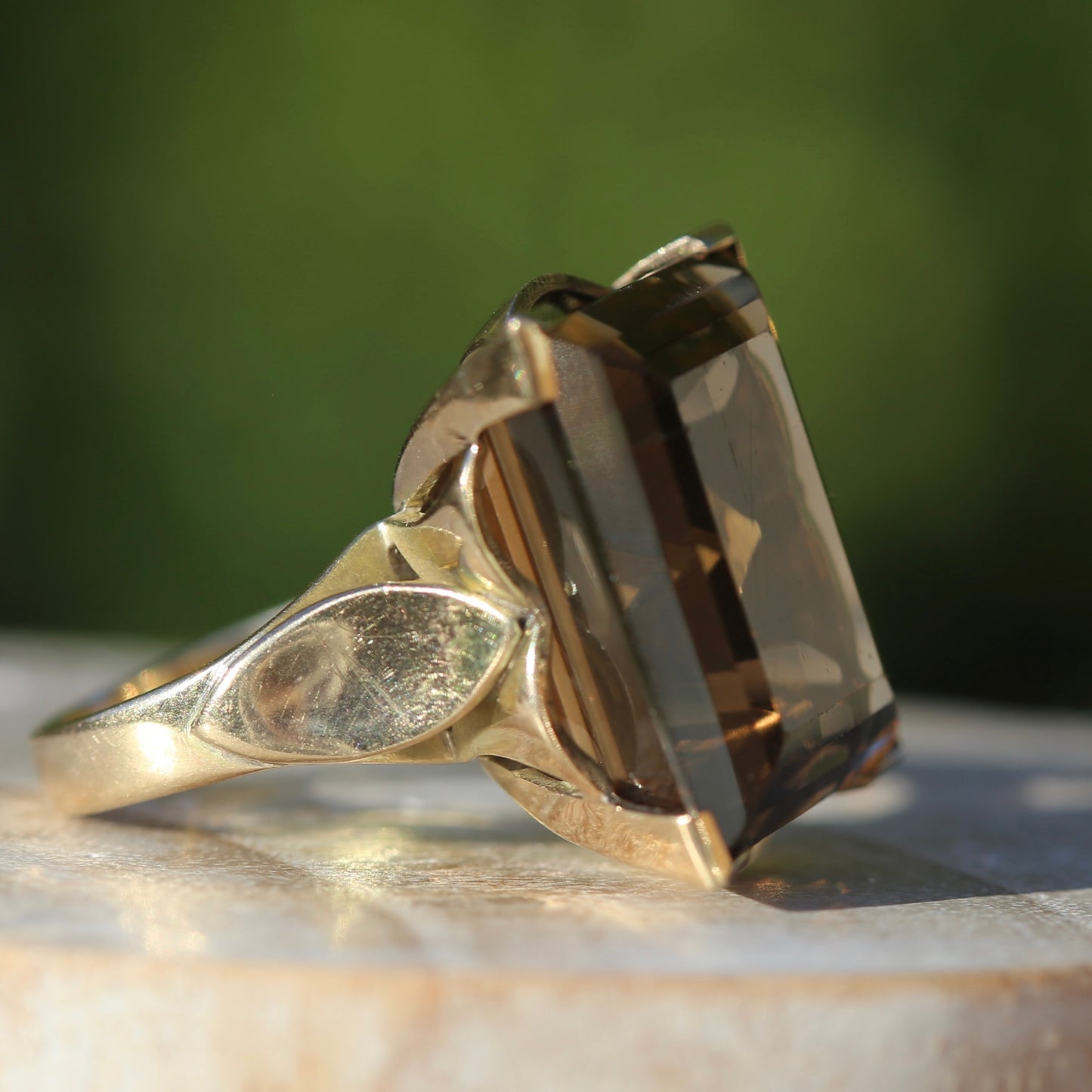 Mid Century 36ct Princess Cut Smoky Quartz Cocktail Ring, 9ct Yellow Gold, size N1/2 or 6.75