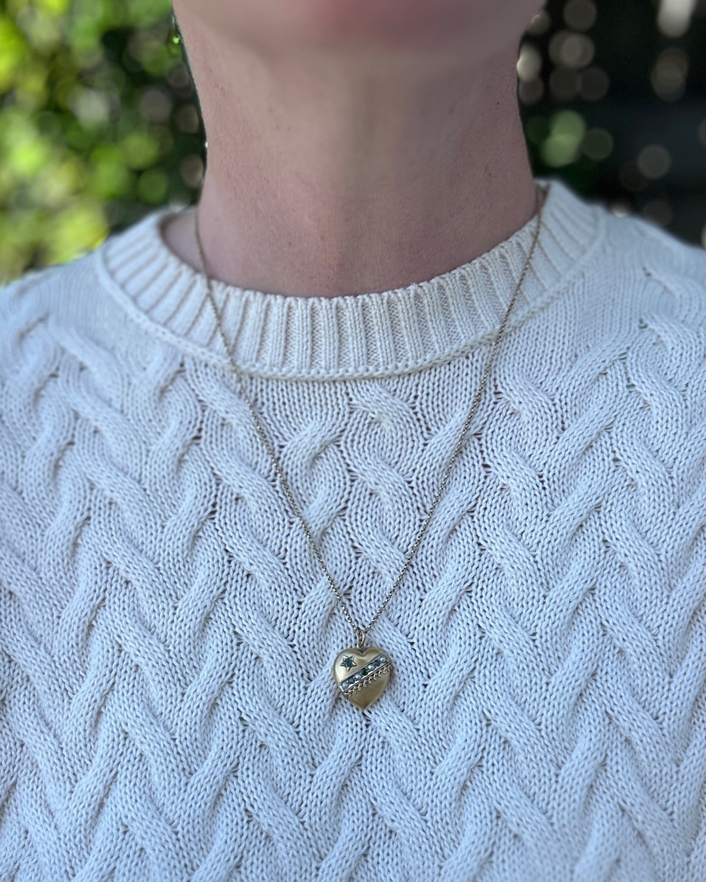 Early Australian Aronson & Co Puffy Heart set Pendant with Pearl and Green Gems, 9ct Yellow Gold, 2.59g