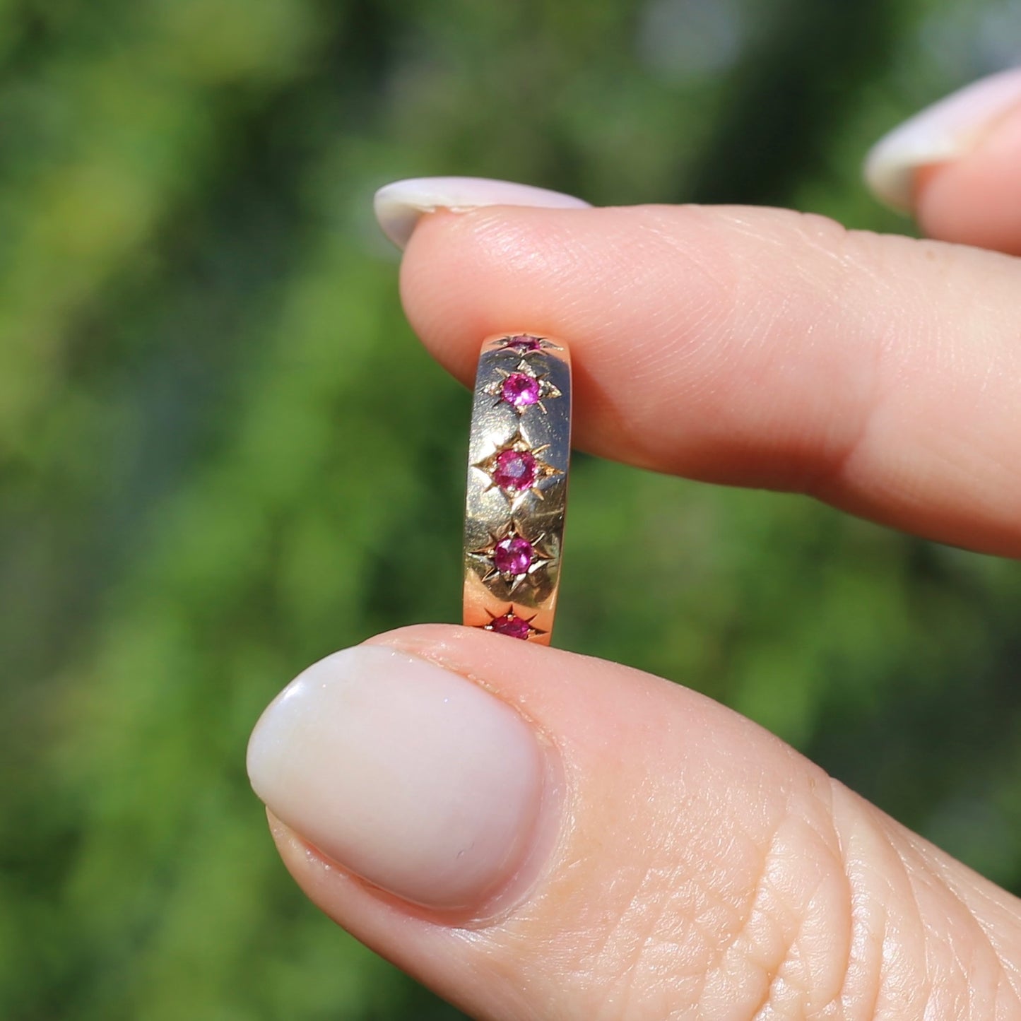 Antique 1891 Five Stone Star Set Old Cut Ruby Ring, 15ct Rosey Gold, size N- N1/2 or 6.75