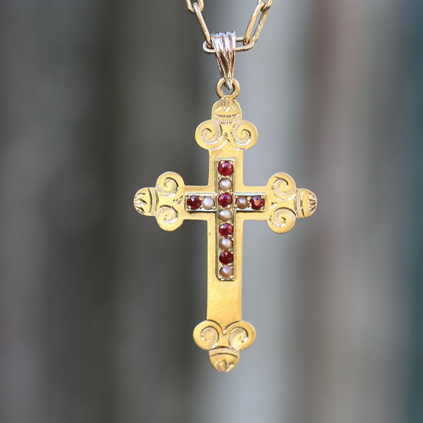 Antique 15ct Ruby and Pearl Crucifix by Australian Jeweller Willis and Sons, 15ct Gold