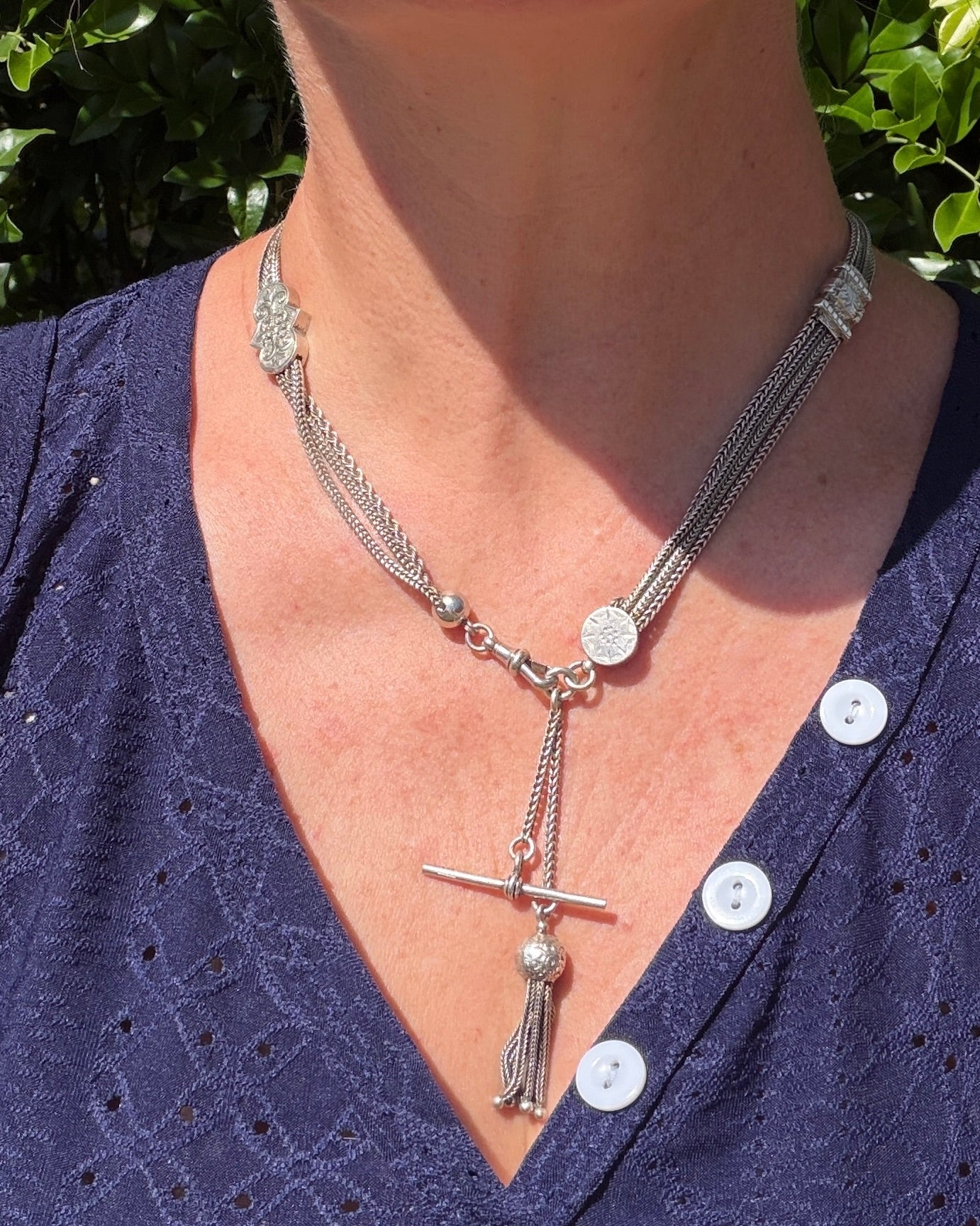 Antique 1901 Double Albertina Necklace with T-bar and Tassel, Sterling Silver, 43.75g