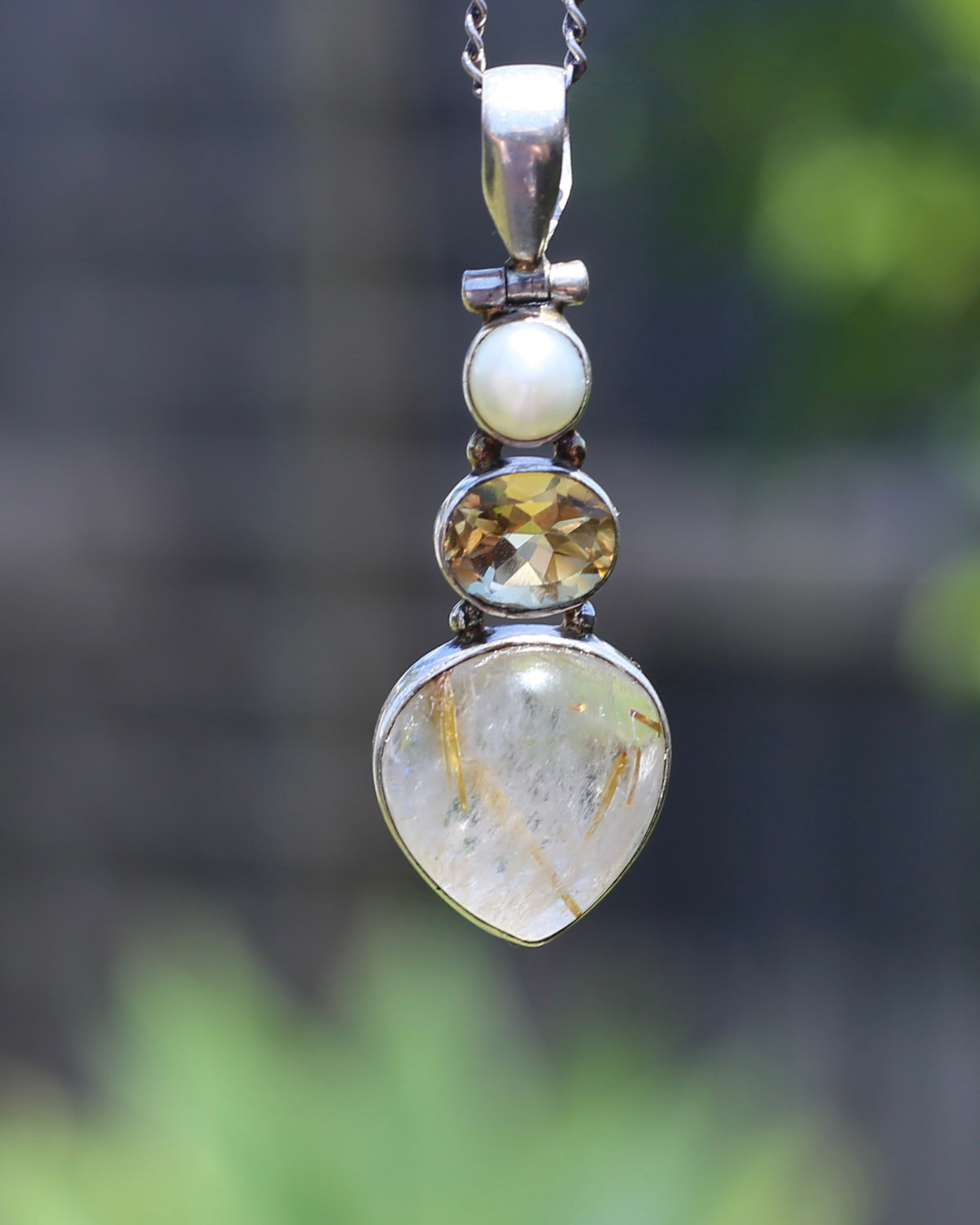 Freshwater Pearl, Citrine and Rutilated Quartz Cabochon Pendant, Sterling Silver, 6.0g