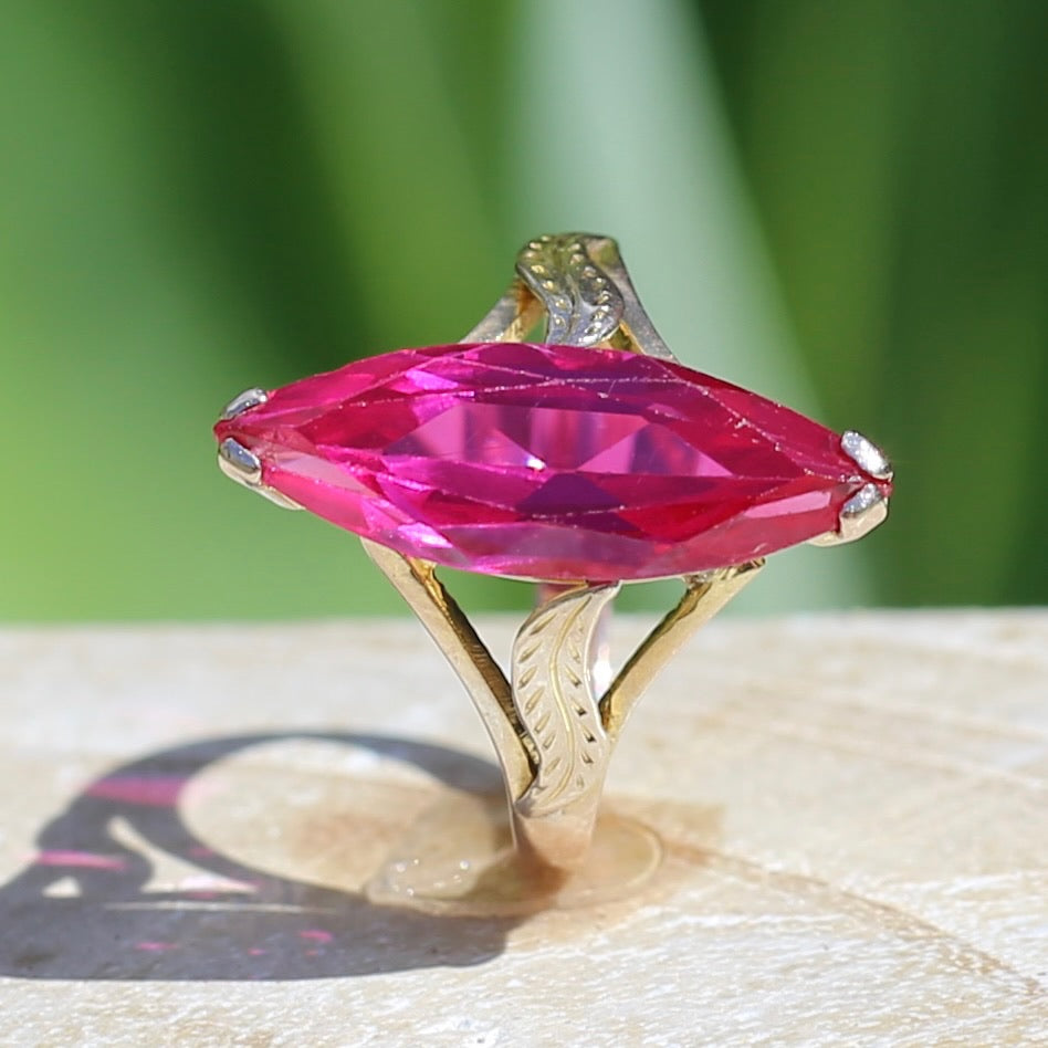 Mid Century Russian Synthetic Ruby Ring, 14ct Rosey Gold, size L1/2 or 6