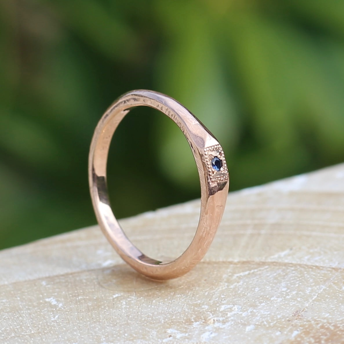 Rustic Handmade Rose Gold Ring with Blue Spinel, 9ct Rose Gold, size T or 9.5