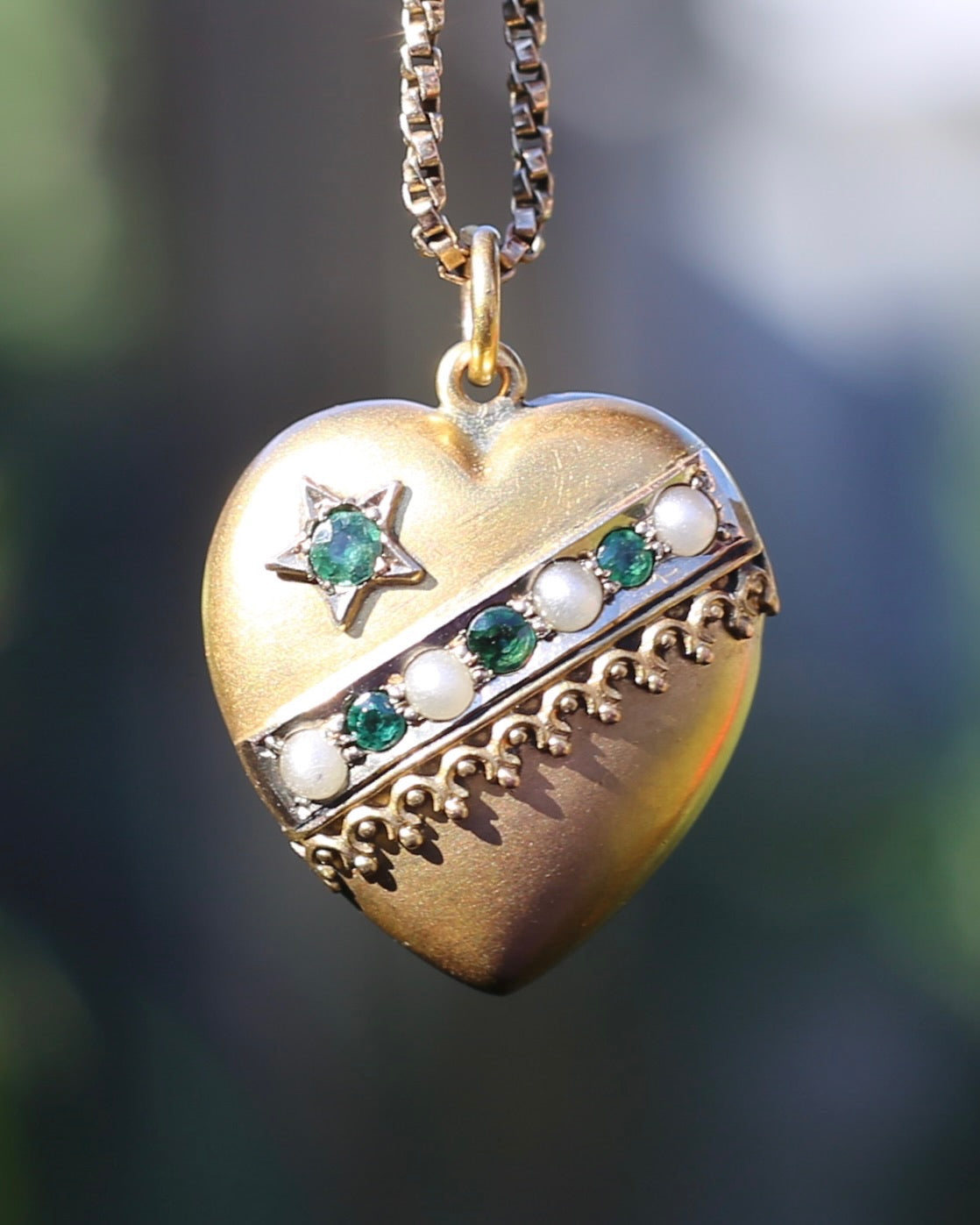 Early Australian Aronson & Co Puffy Heart set Pendant with Pearl and Green Gems, 9ct Yellow Gold, 2.59g