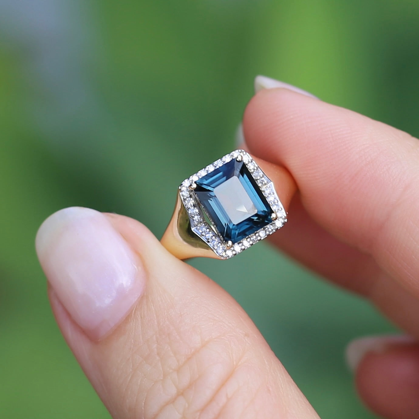 Emerald Cut London Blue Topaz Signet Ring With Diamond Halo, size N or 6.75