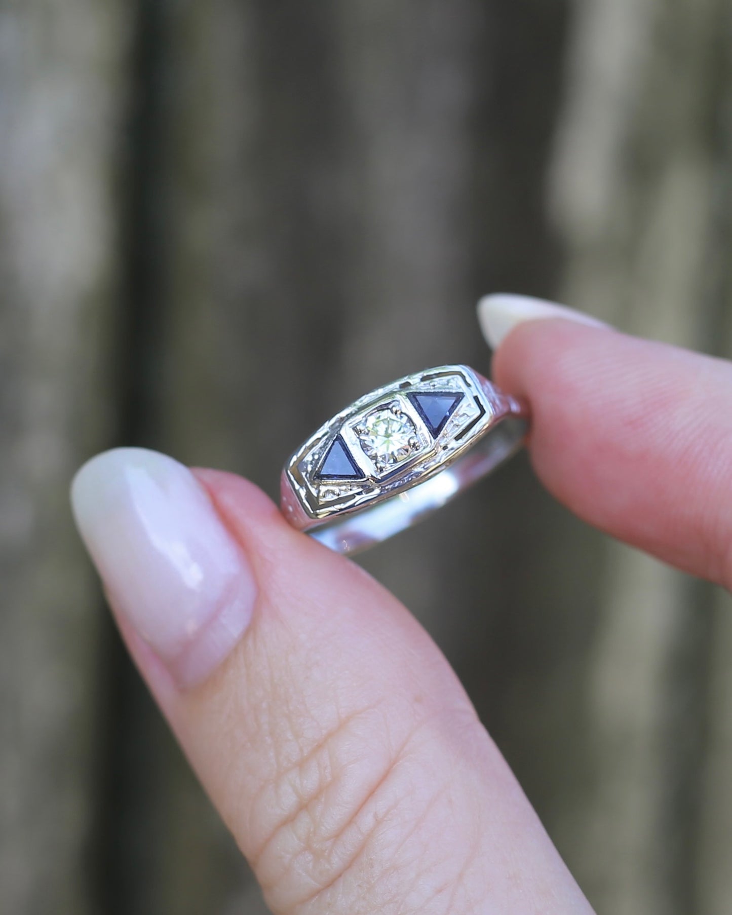 Art Deco Diamond and Sapphire Trilogy in Raised Handmade Engraved Floral Setting, 14ct White Gold, size U or 10 - offering free resize down to 7 or O, with valuation