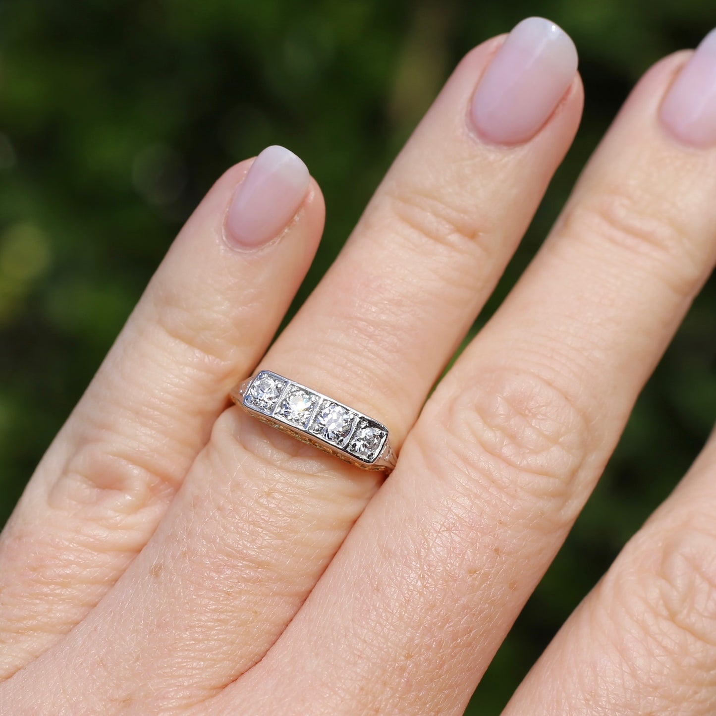 1930s 4 Stone Transitional Cut Diamond Mixed Metal Ring, 18ct Yellow Gold & Platinum, size M or just bigger than 6