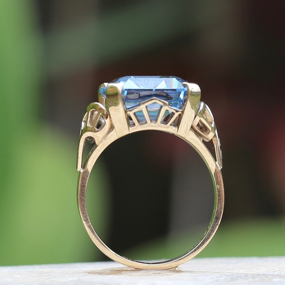 Mid Century Emerald Cut Blue Spinel Cocktail Ring, size N1/2 or 6.75