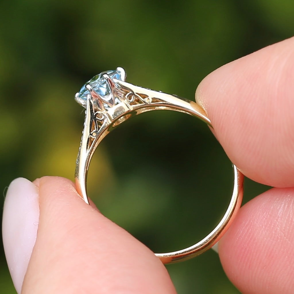 Pristine Early Australian 1930s Dunklings Blue Zircon & Diamond RIng, size L or just over 5.5