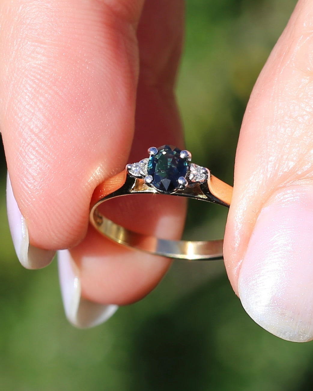 Dark Australian Sapphire and Diamond Dainty Trilogy, 9ct Yellow and White Gold, M1/2 or 6.5, 1.75g