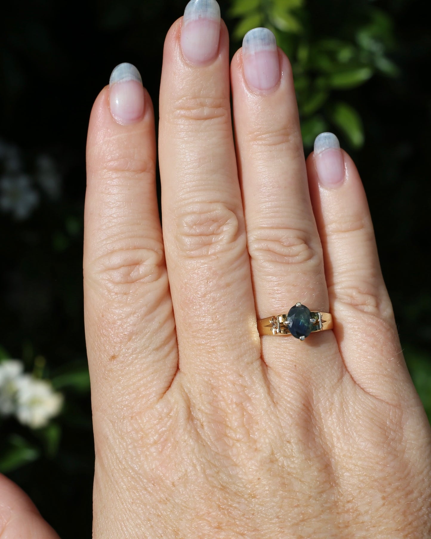 Circa 1970s 1.2ct Oval Australian Parti Sapphire Ring with Star Set Diamond Side Stones, 9ct Yellow Gold, size R1/2 or 8.75, 3.28g