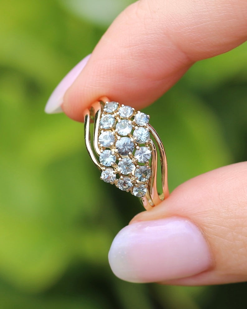 Pale Blue Parti Sapphire Bypass Cluster Ring, 9ct Yellow Gold, size P1/2 or 7.75, 2.75g