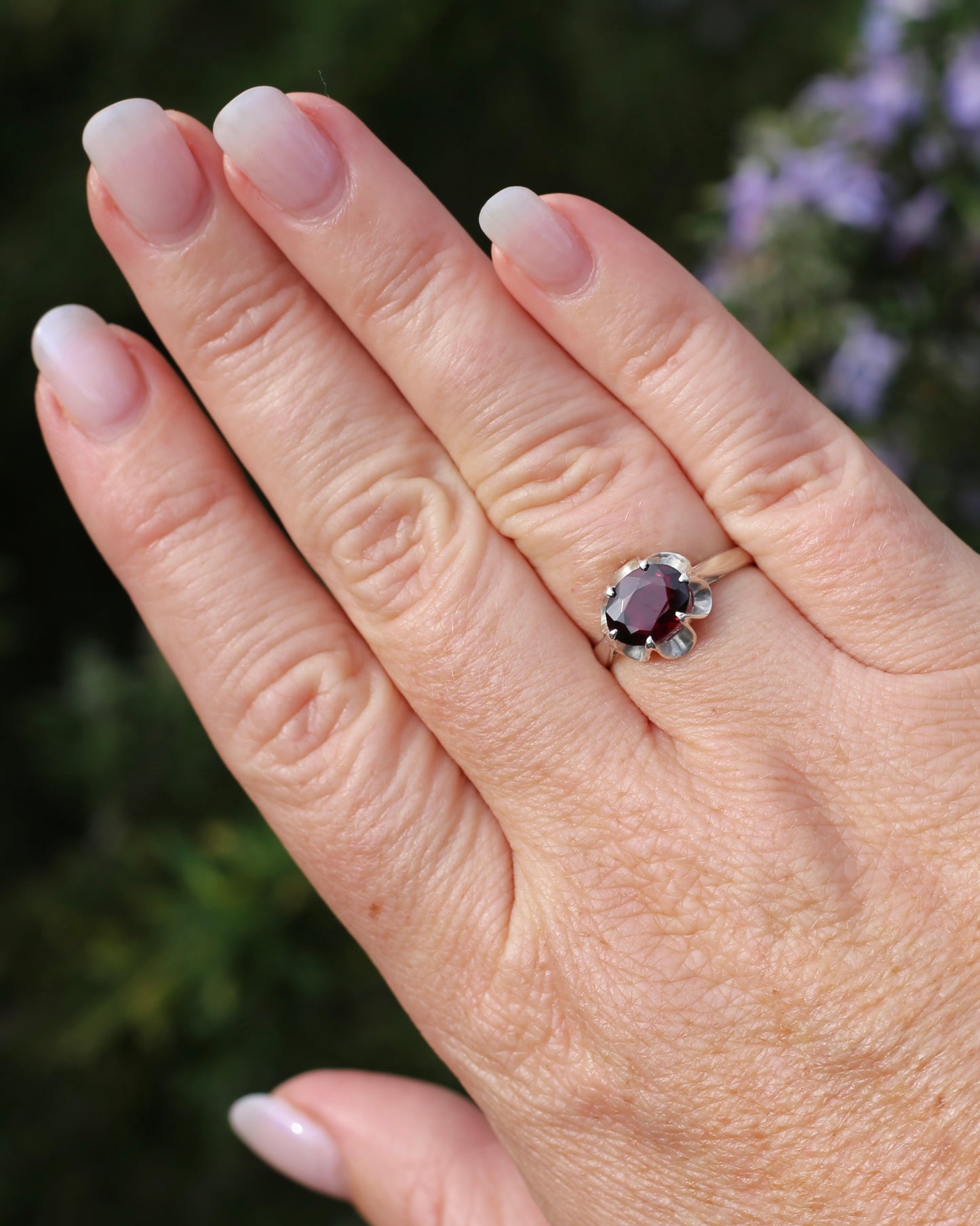 On HOLD Vintique Rhodolite Garnet Belcher Ring, Sterling Silver, size O1/2 or 7.5, 2.44g