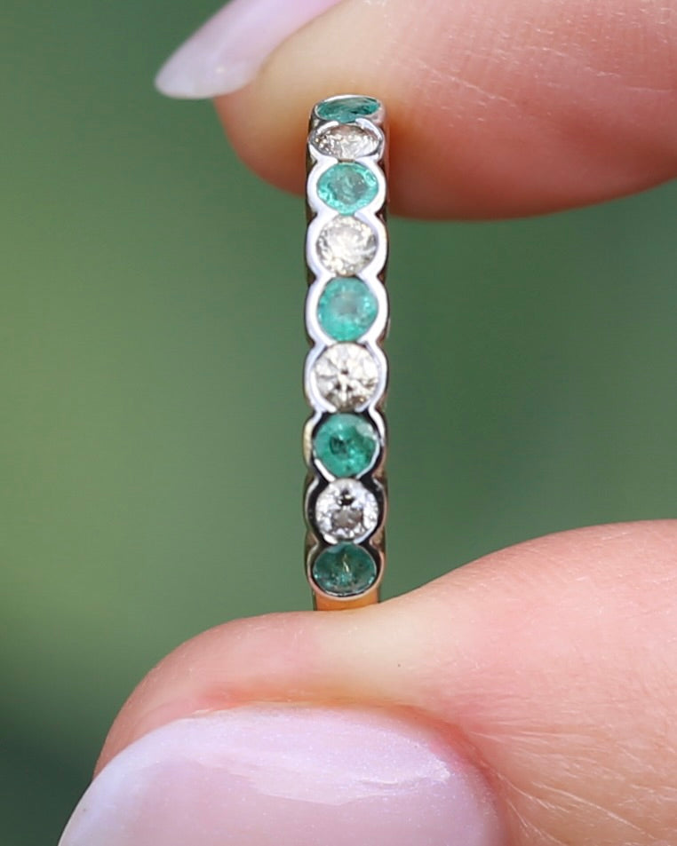 Natural Emerald and Diamond Half Hoop, 9ct Yellow and White Gold, size O or 7.25, 1.76g