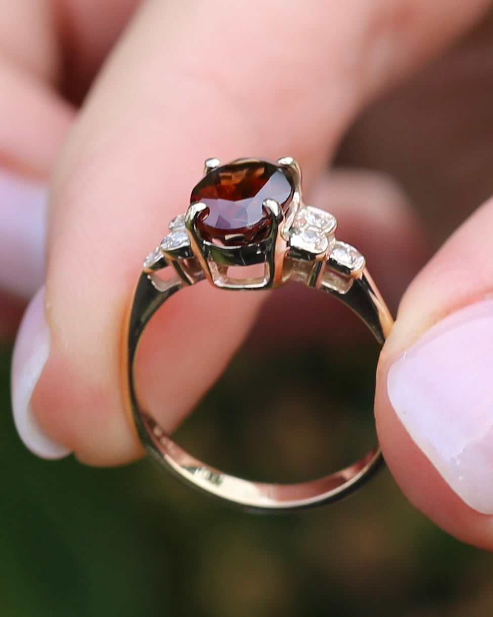2.45ct Deep Red Whisky Zircon and Diamond RIng, 9ct Yellow Gold, size L or 5.75, 2.33g